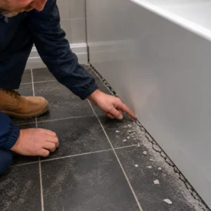 Surveyor inspecting cracked grout beside bath panel causing movement damage