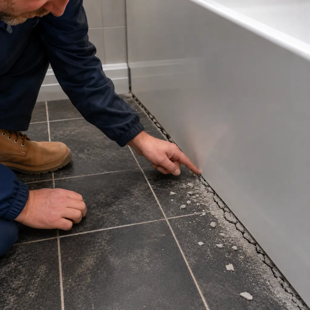 Surveyor inspecting cracked grout beside bath panel causing movement damage