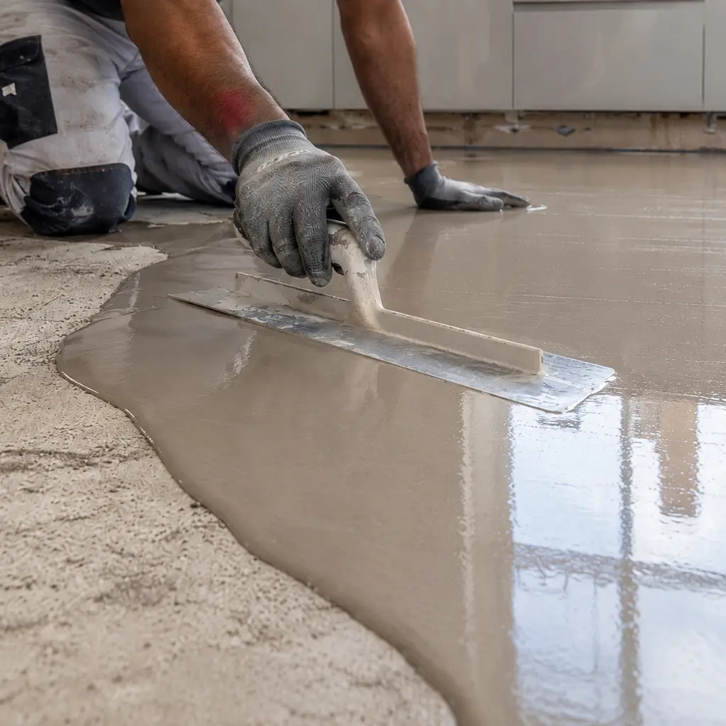 Tiler applying self-levelling compound across uneven kitchen subfloor surface
