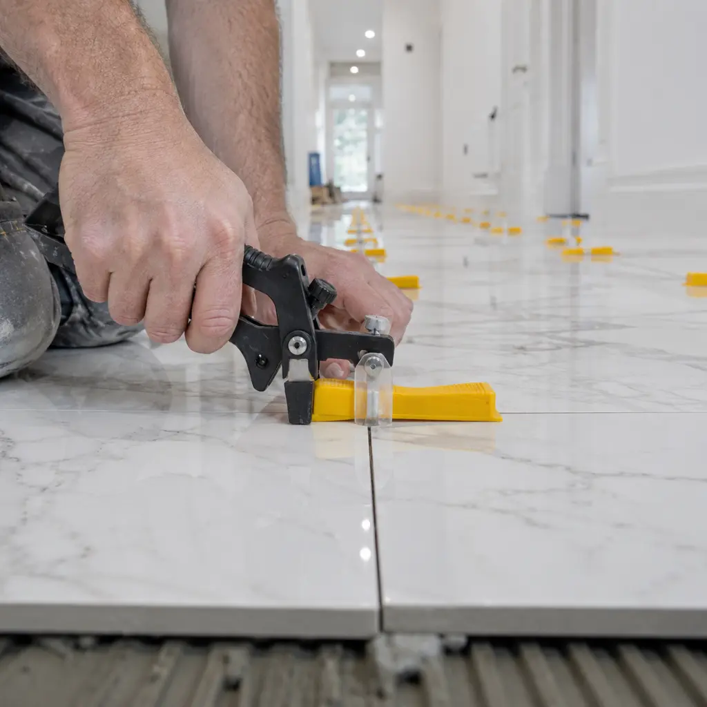 Tile lippage visible between porcelain floor tiles in UK home