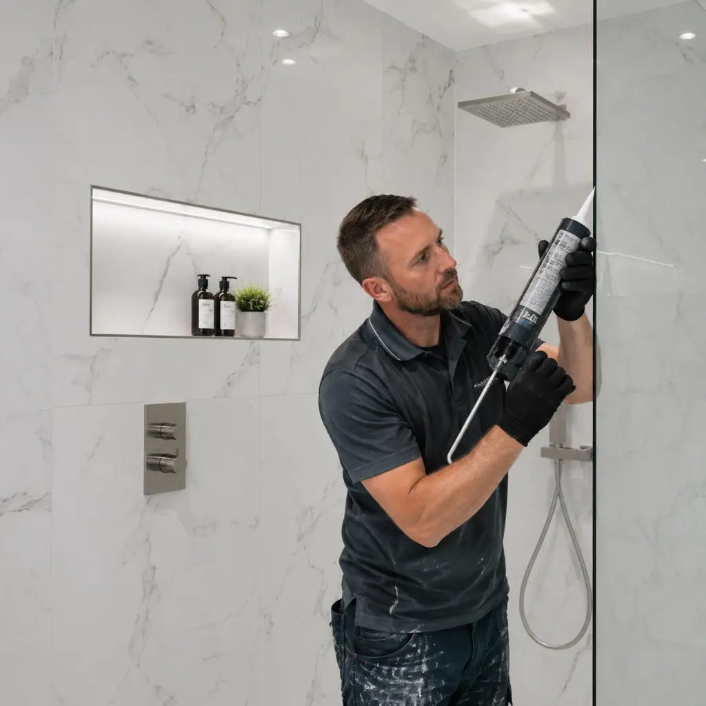 Professional tiler sealing frameless shower screen beside marble effect tiles