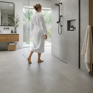 Modern walk in shower with mosaic floor and linear drain