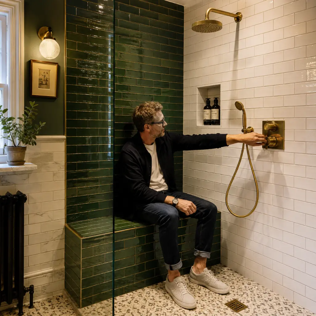 Designer adjusts brass shower valve beside green tiled shower bench