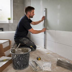Professional tiler preparing a plasterboard shower wall before bathroom tile installation