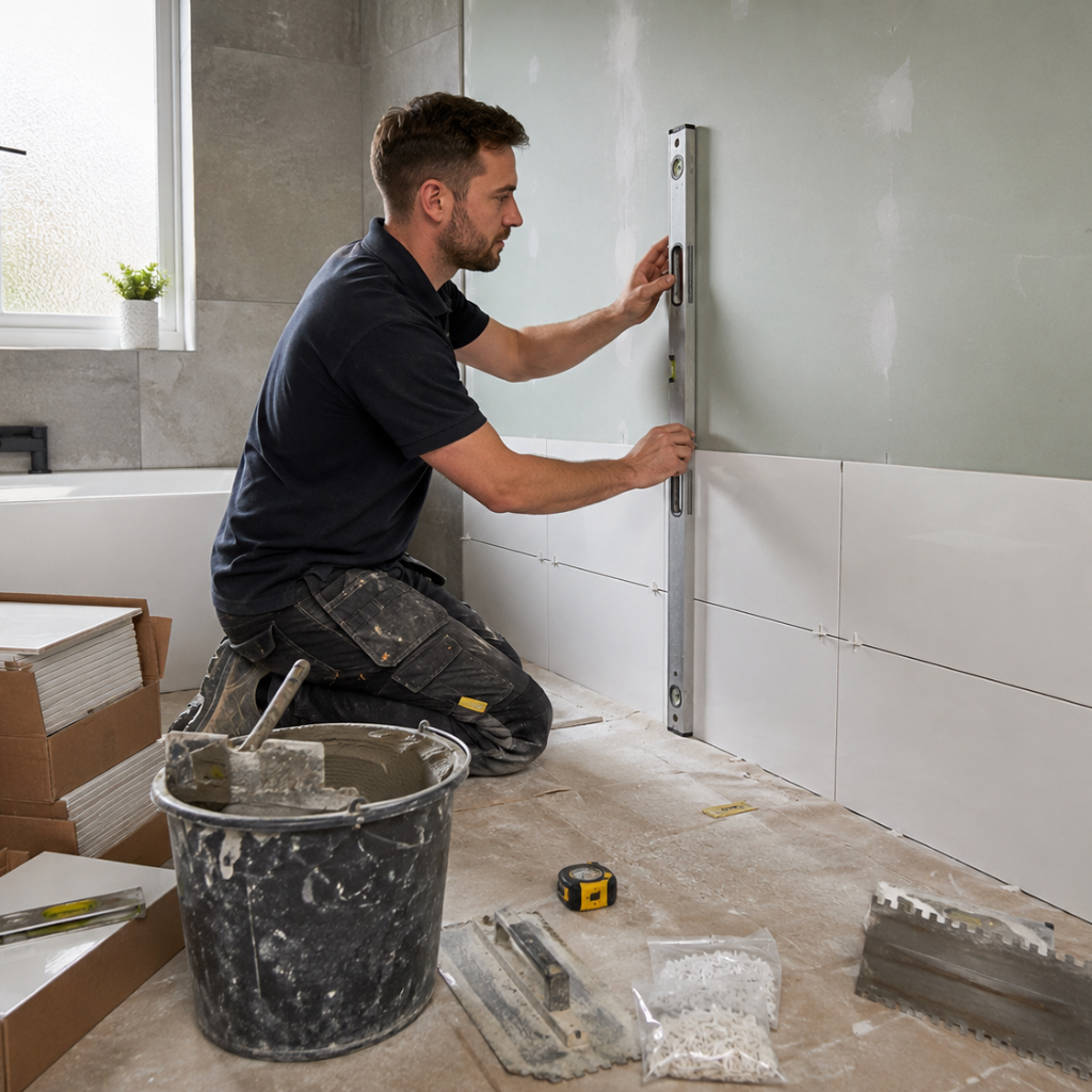 Professional tiler preparing a plasterboard shower wall before bathroom tile installation