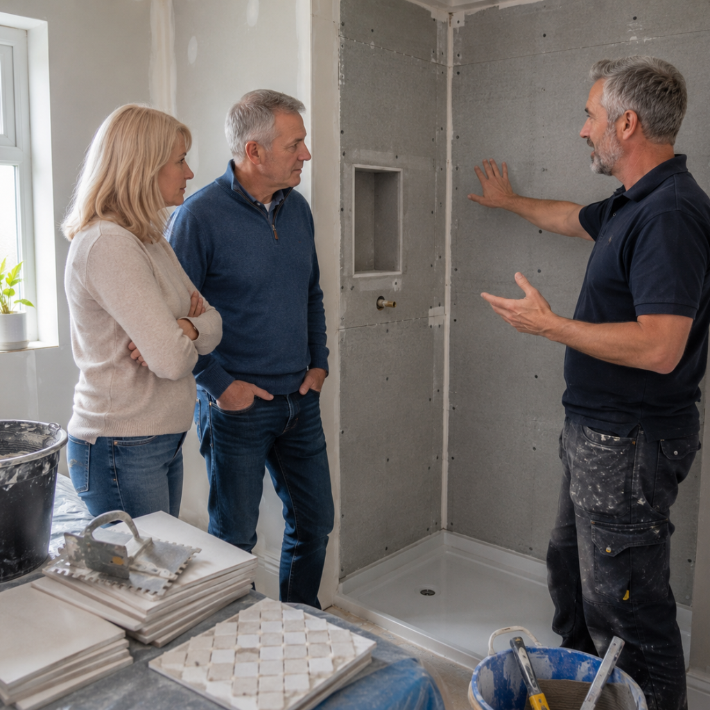Tiler checking the level while installing ceramic tiles onto a plasterboard bathroom wall
