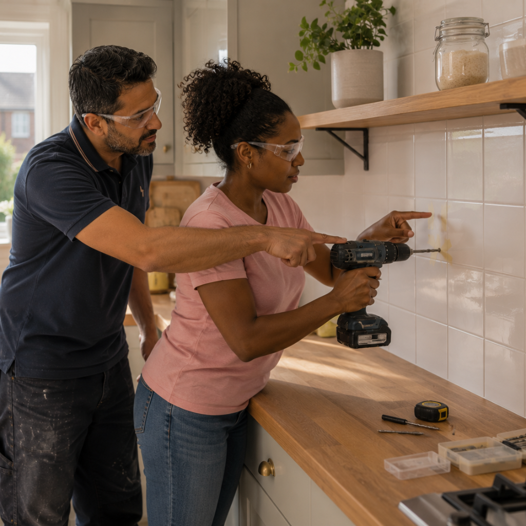 Homeowner drilling kitchen wall tiles carefully using proper tile drilling techniques.
