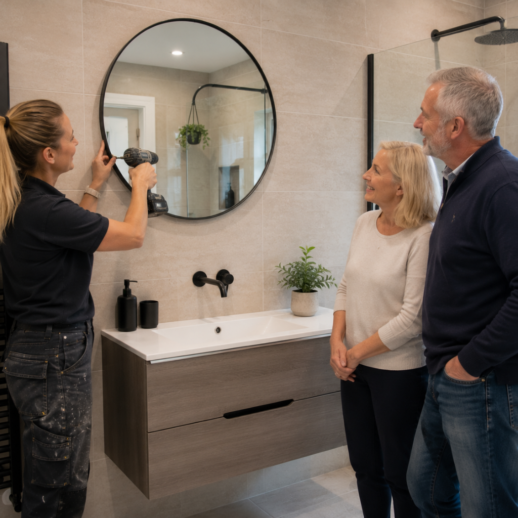 Installing bathroom mirror securely onto tiled wall with accurate drilling techniques