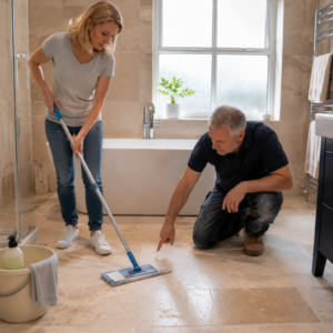 Cleaning travertine floor tiles gently using soft cloth and pH-neutral cleaner carefully.