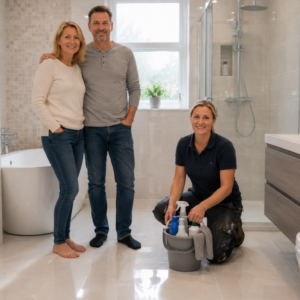 Cleaning ceramic floor tiles carefully to restore shine and remove surface residue.