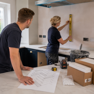 Professional tiler marking herringbone splashback tile layout using a spirit level.