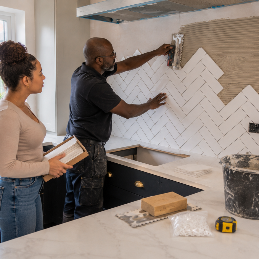 Professional installing herringbone splashback tiles with adhesive for accurate alignment.