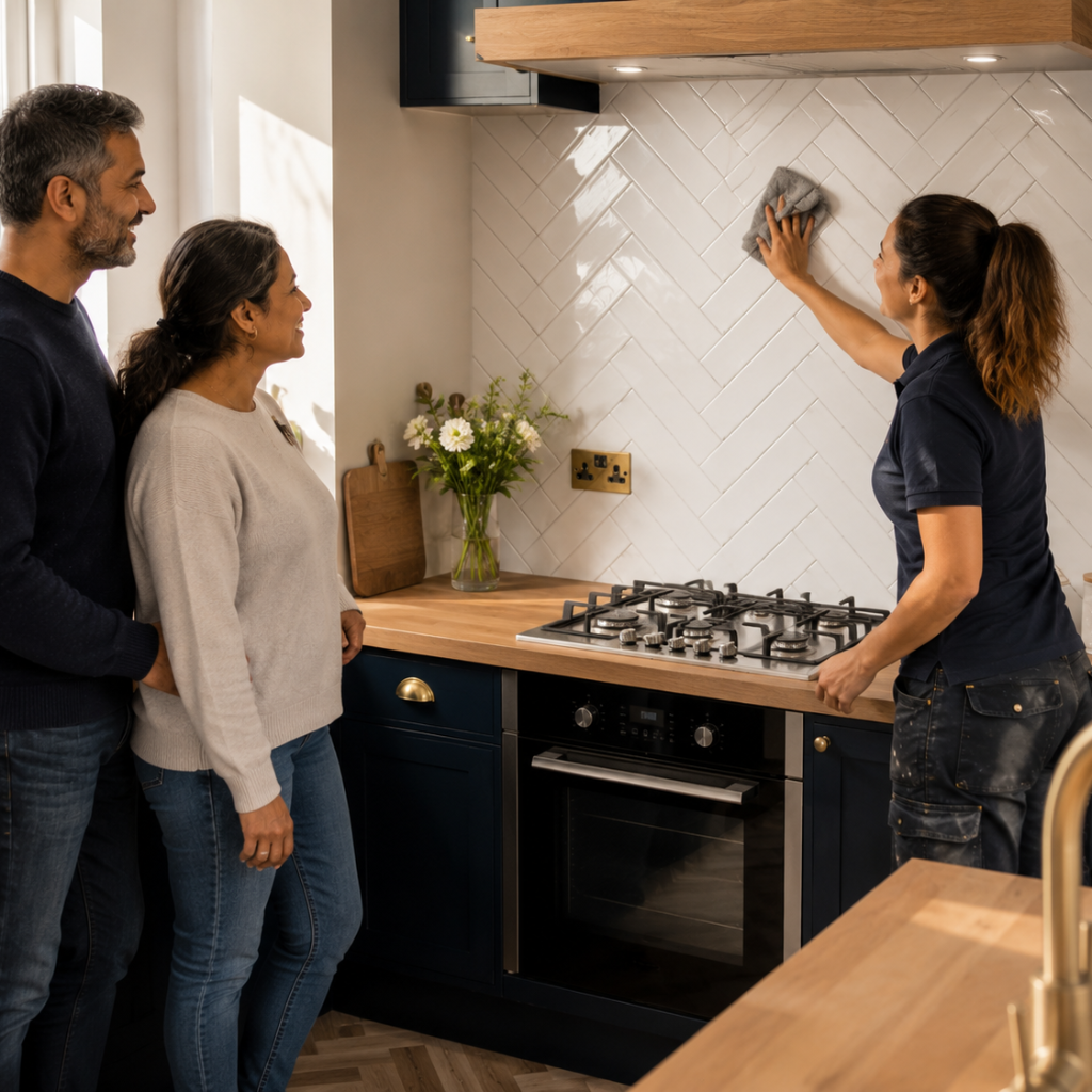 Cleaning newly installed herringbone splashback tiles after completing the installation.