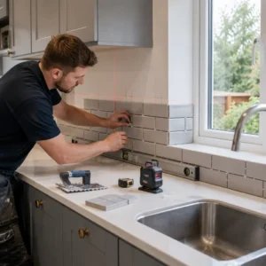 British tiler setting brick bond kitchen splashback using precise laser level alignment