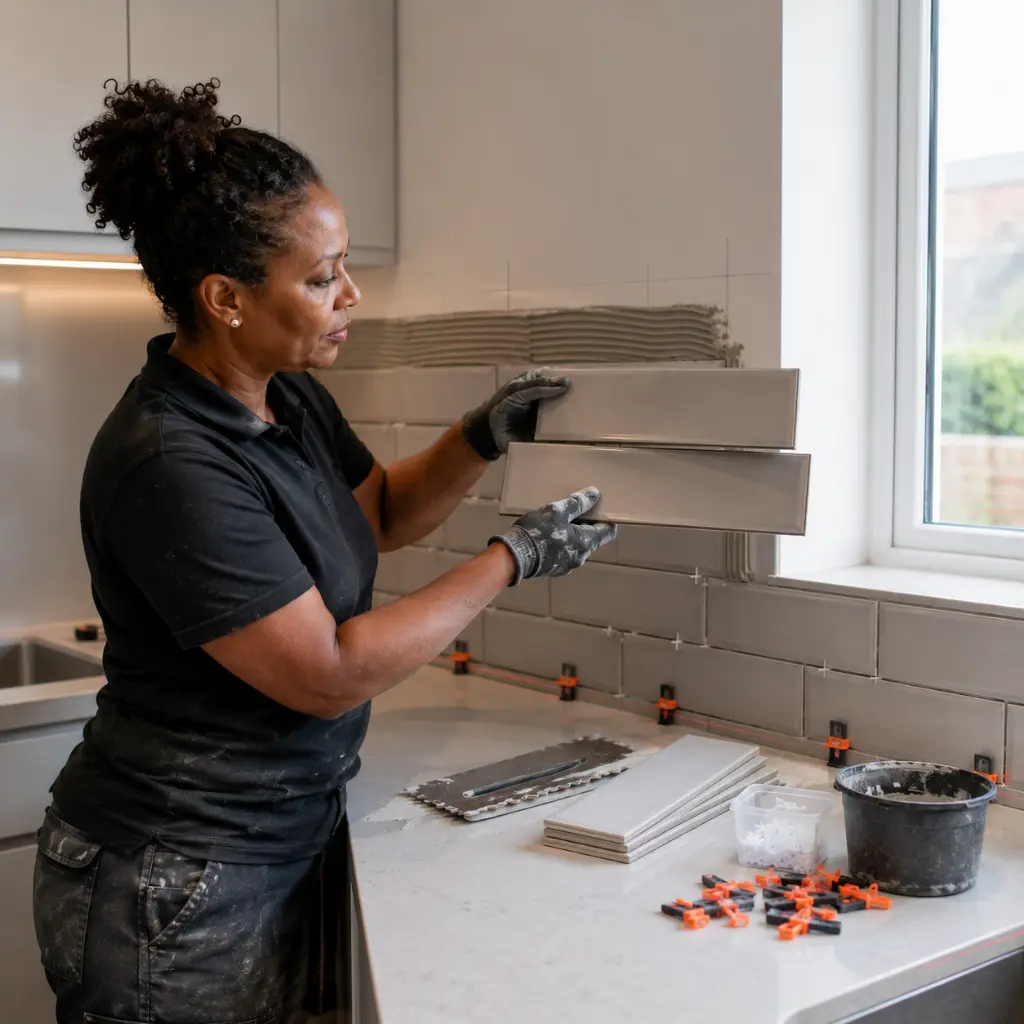 British tiler checking brick layout offset before installing porcelain kitchen wall tiles