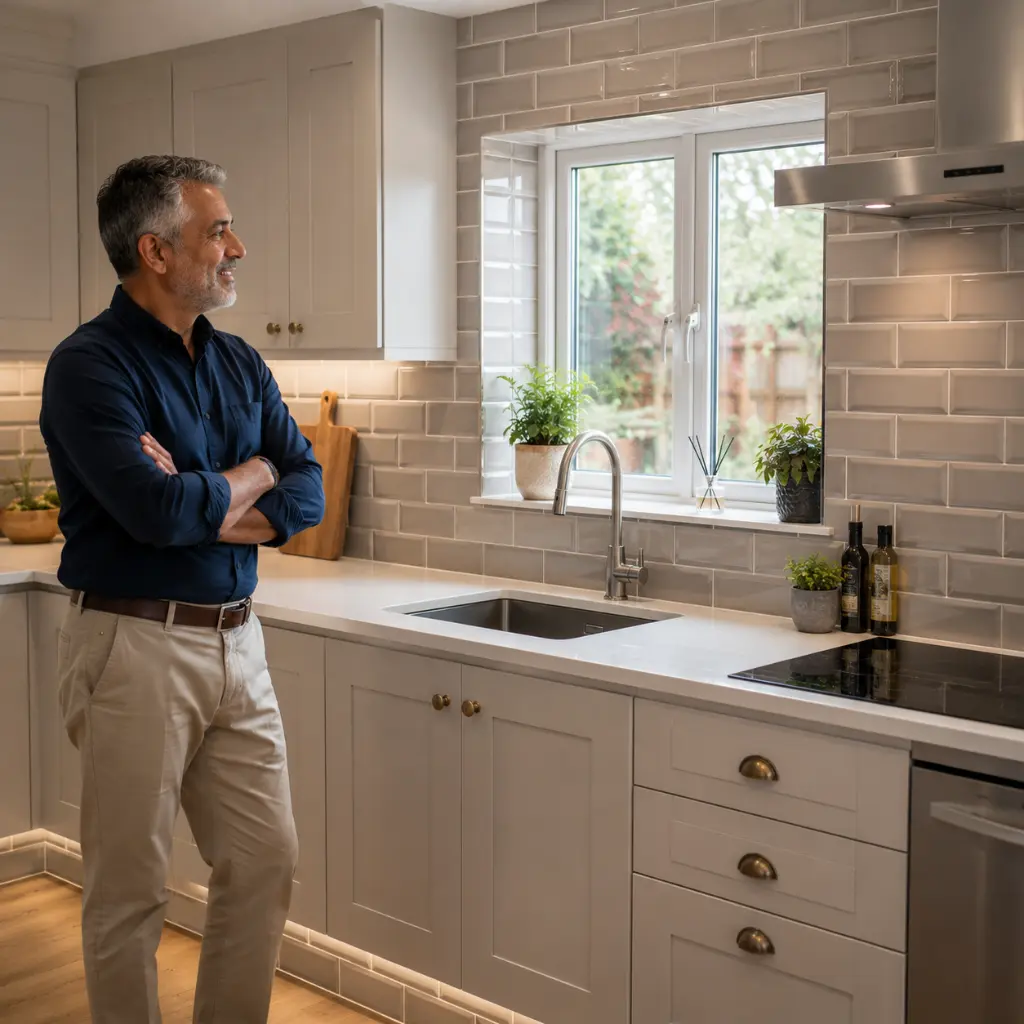 British homeowner admiring professionally installed brick bond kitchen splashback with consistent grout lines