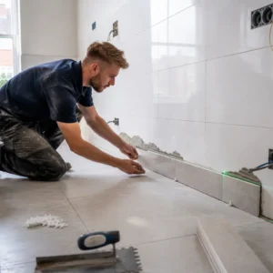 British tiler installing porcelain kitchen tile skirting along freshly tiled kitchen wall