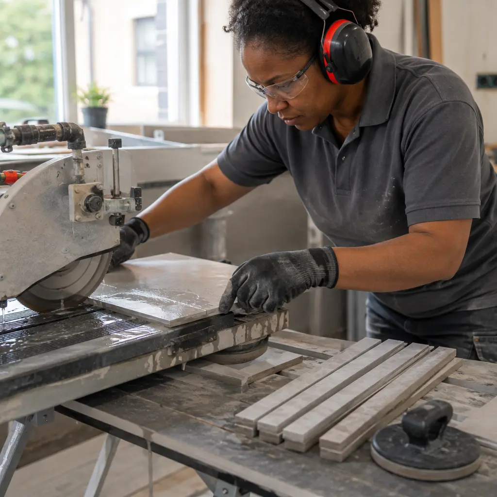 British installer cutting matching porcelain tile skirting strips from rectified floor tiles