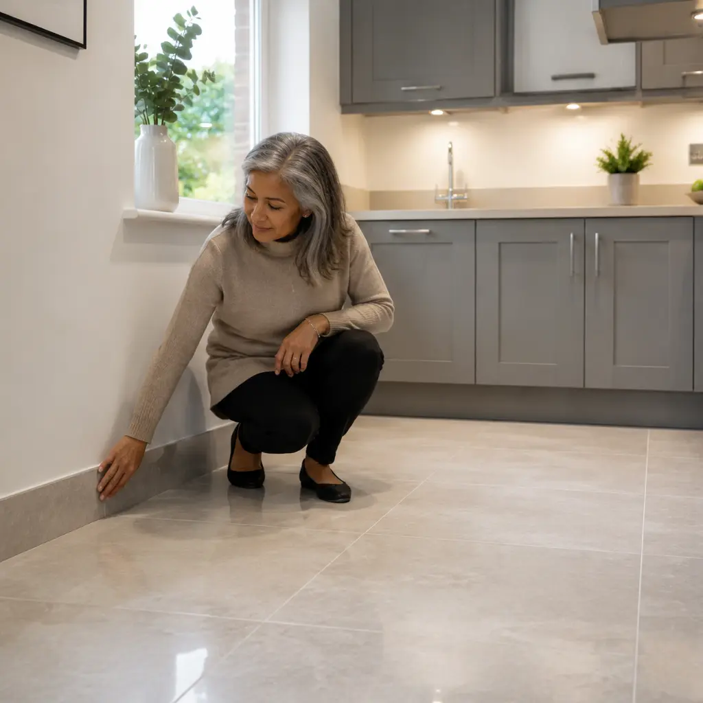 British homeowner admiring matching porcelain kitchen tile skirting in modern renovated kitchen