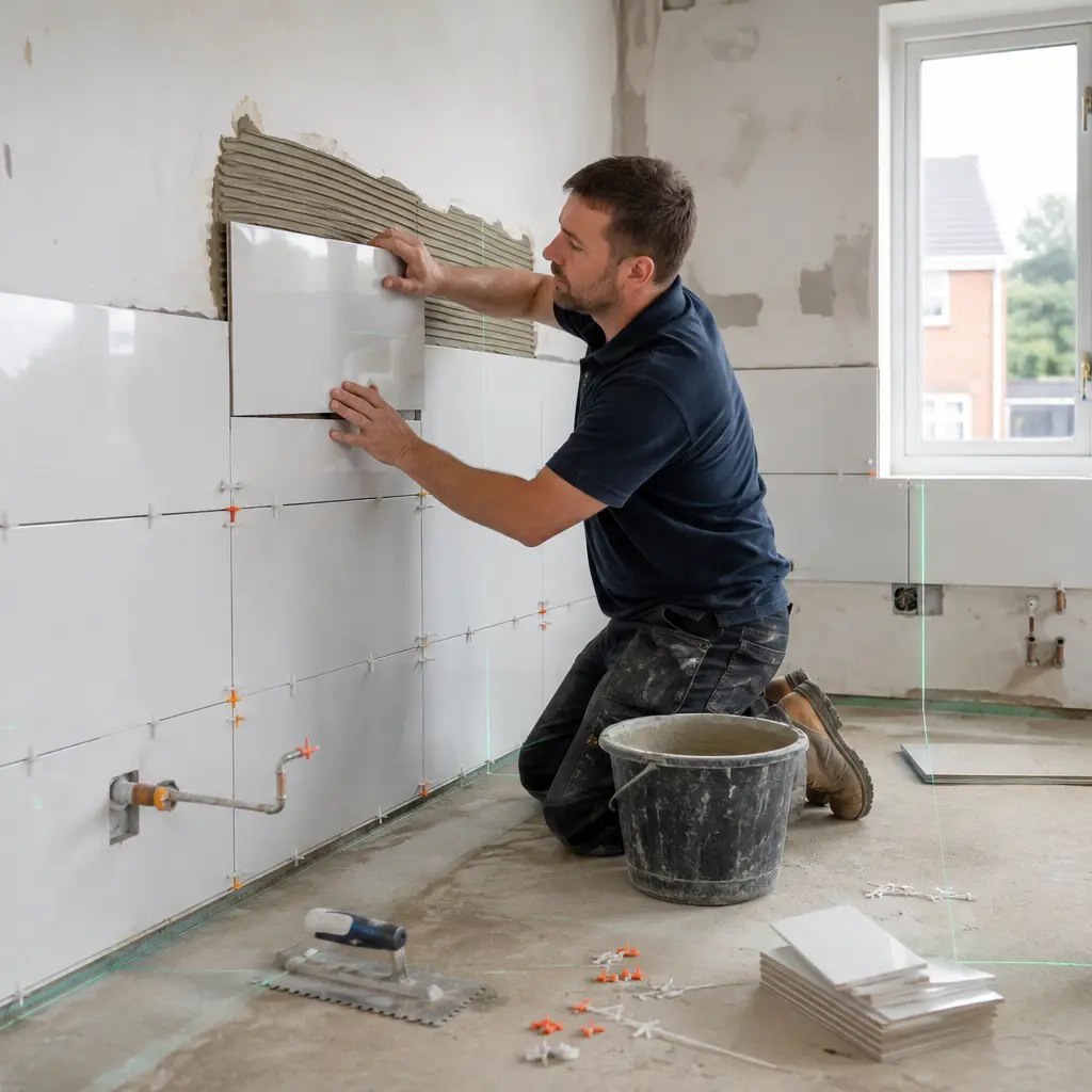 Professional tiler installing large wall tiles using precision leveling spacers carefully.