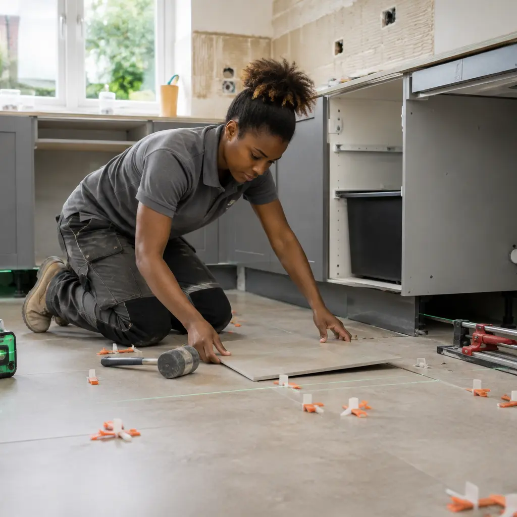 Professional tiler positioning large floor tiles inside modern kitchen renovation project.