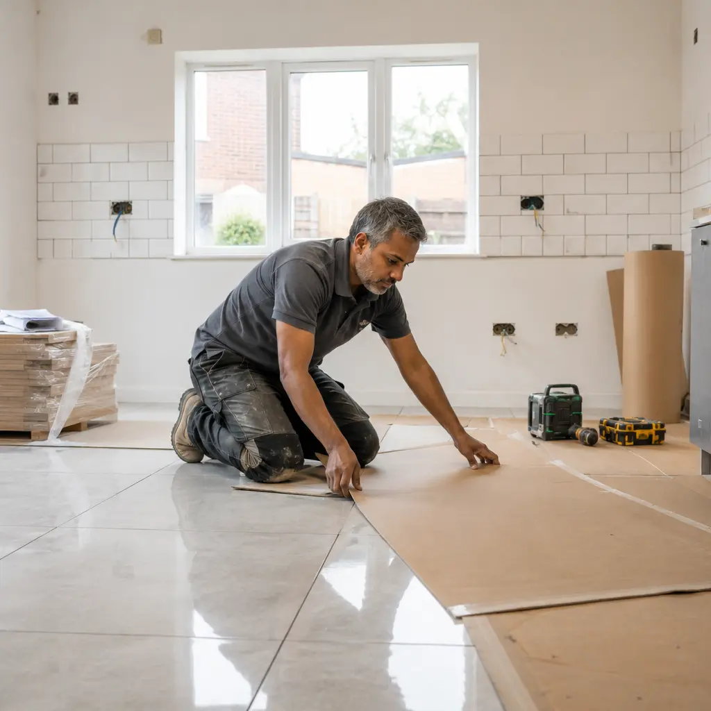 Experienced tiler protecting finished kitchen floor before continuing tile installation work