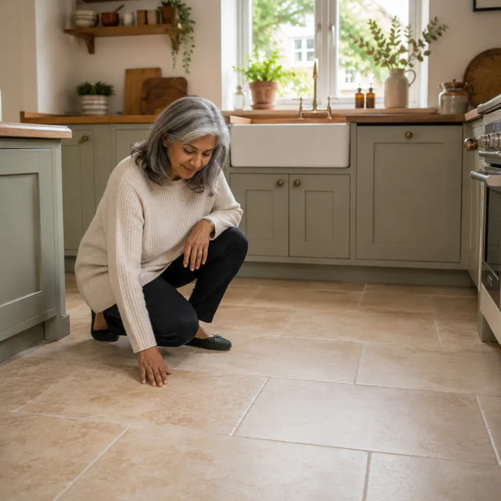 UK homeowner comparing rectified and non-rectified kitchen tile edges