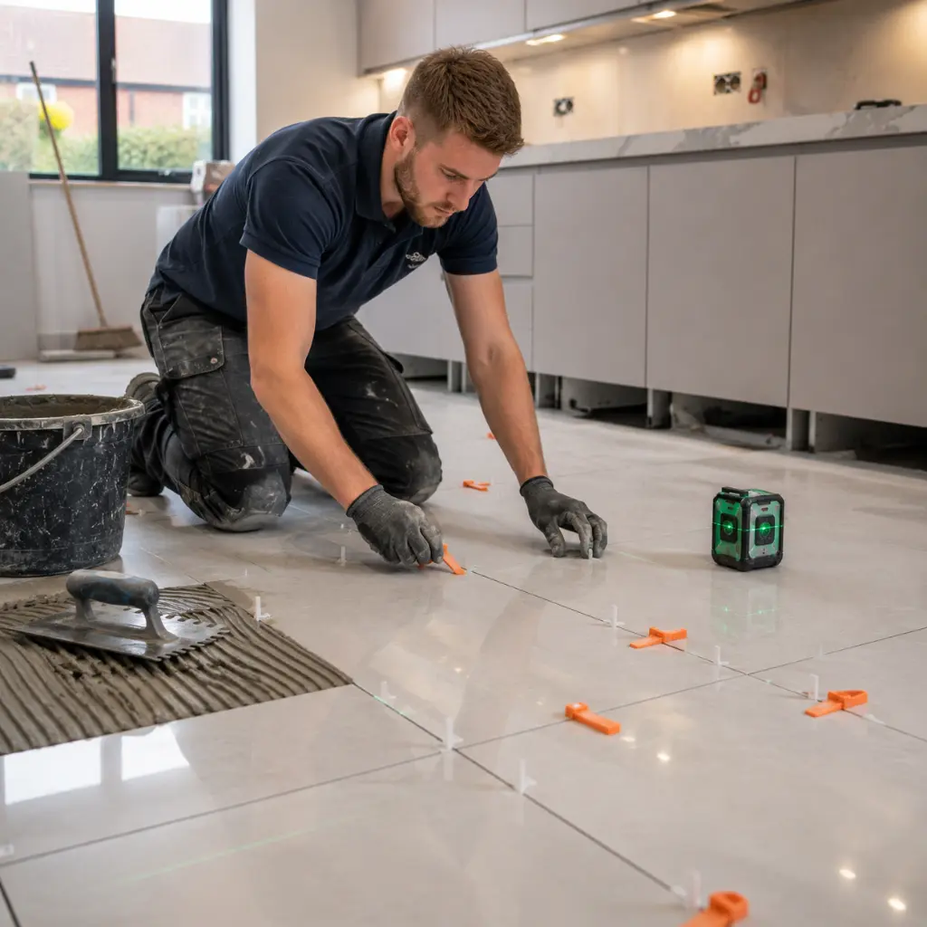 Traditional UK kitchen featuring non-rectified ceramic tiles with wider joints