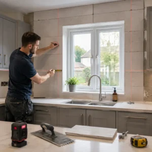 British tiler planning balanced kitchen tile layout around window with laser level