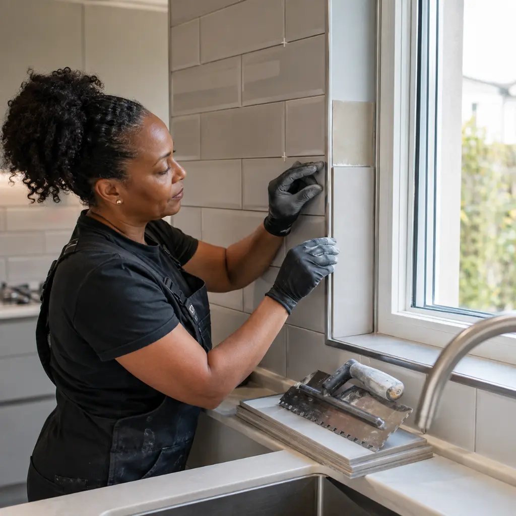 British tiler installing porcelain window reveal tiles with professional edge finishing carefully