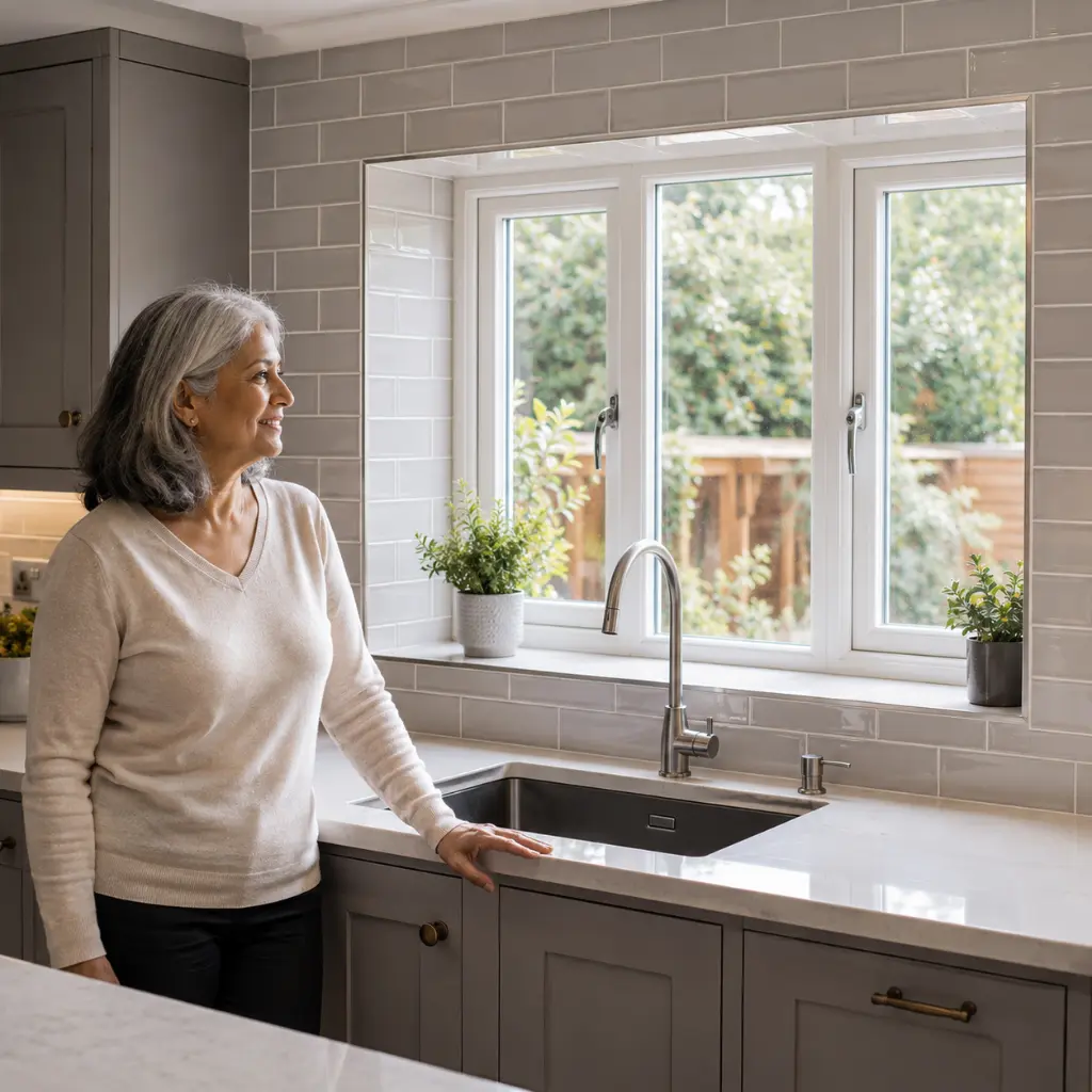 British homeowner admiring professionally tiled kitchen window with balanced porcelain tile layout