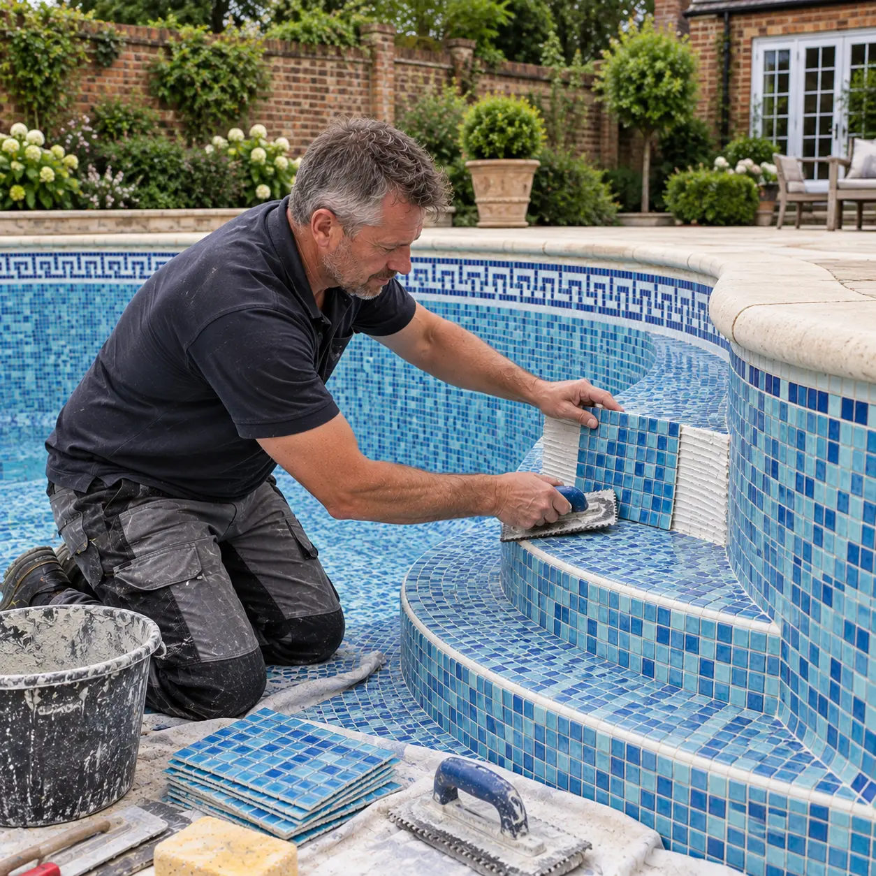 Tiler installing blue mosaic tiles around classic curved swimming pool.
