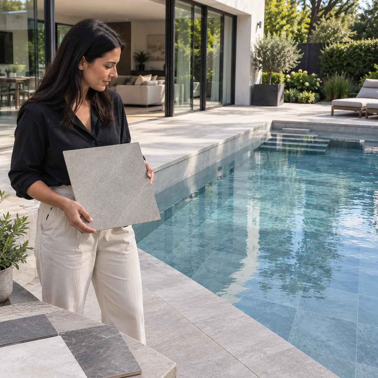 Woman viewing modern pool with large format grey porcelain tiles.