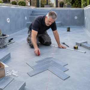 Tiler marking 45-degree guidelines for herringbone swimming pool tile installation.