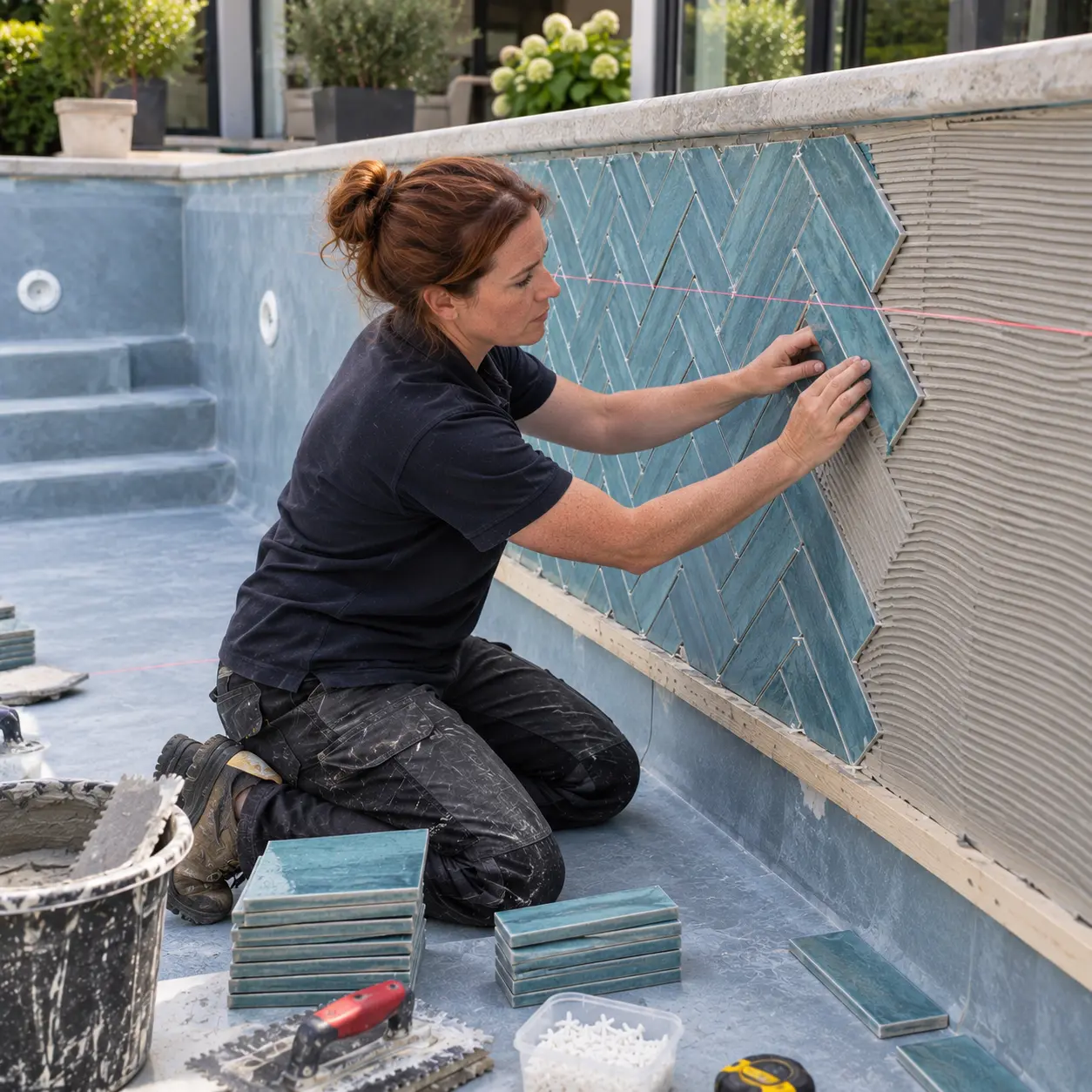 Female tiler installs turquoise herringbone tiles on swimming pool wall.