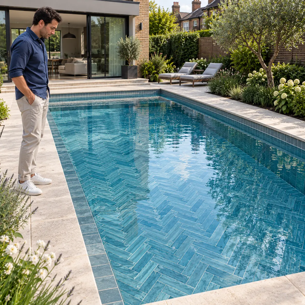 Finished London swimming pool features blue herringbone tiles and border.