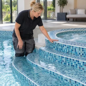 British tiler inspecting mosaic tiles around curved pool spa steps.