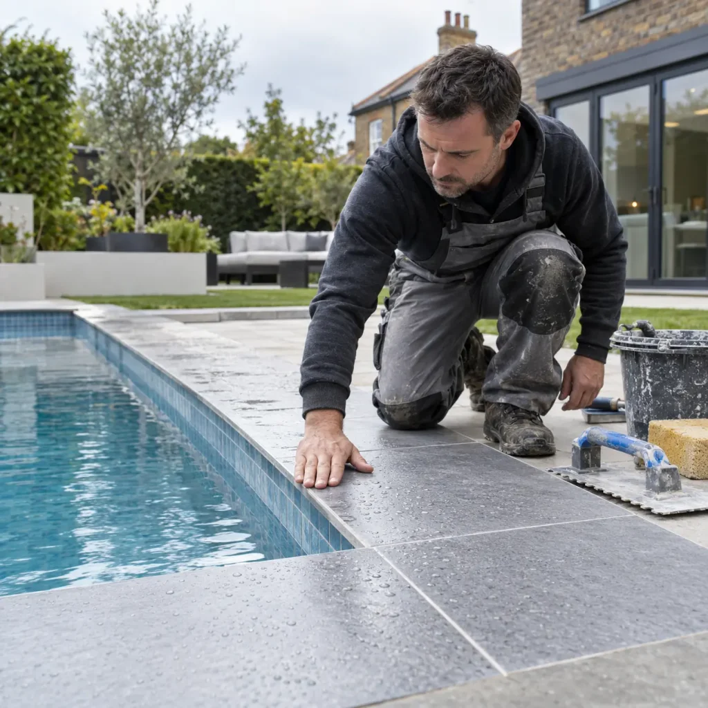 Tiler inspecting non-slip textured tiles beside a wet swimming pool. 

