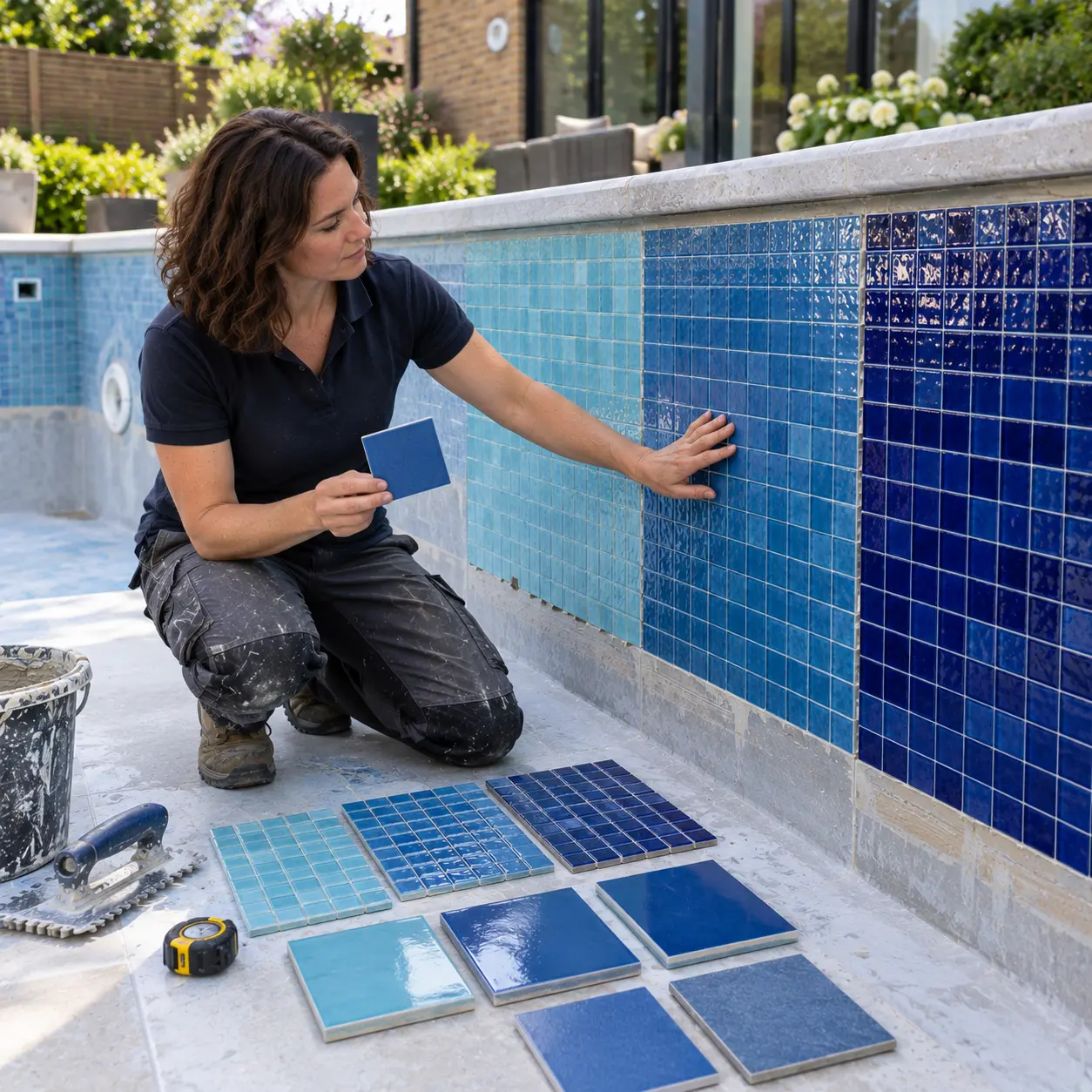 Pool specialist tests different tile colours underwater before final selection.