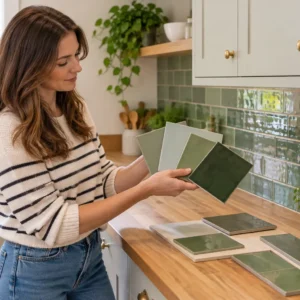 Young UK woman comparing green tile shades for kitchen walls.