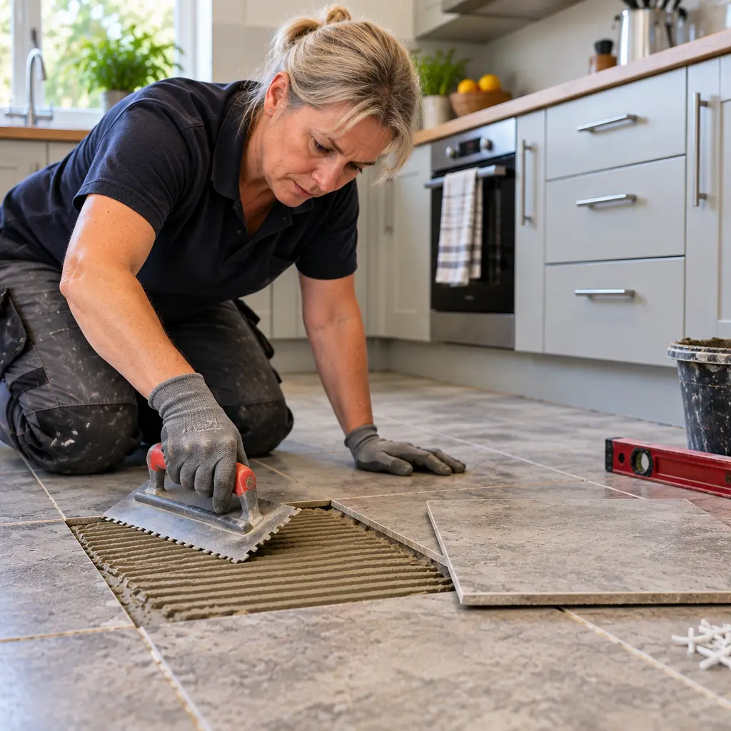 Older UK female tiler repairing loose tile on kitchen floor.  
