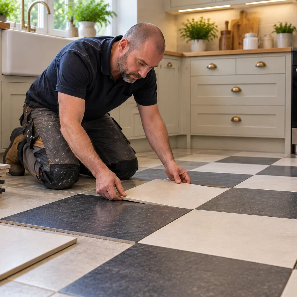 Middle-aged UK man planning checkerboard tile layout inside bright kitchen. 
