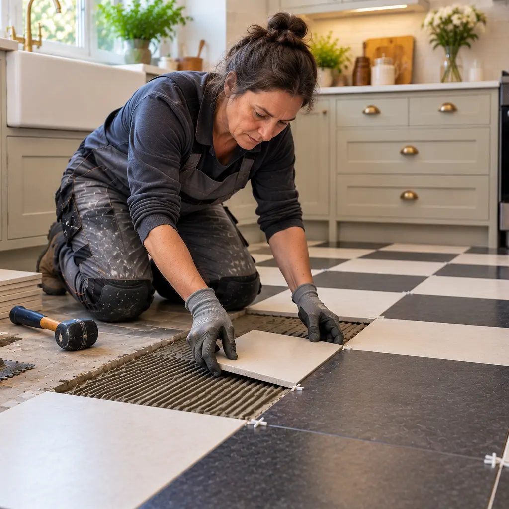 Older UK female tiler installing precise checkerboard kitchen floor tiles. 
