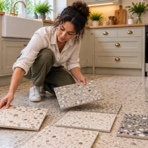 Young UK woman comparing terrazzo effect tiles for kitchen flooring.