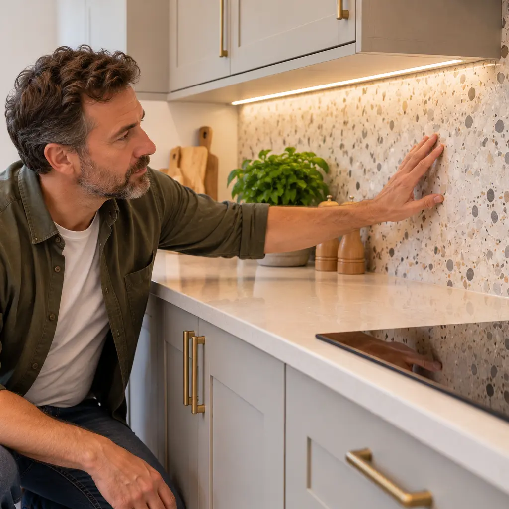 Middle-aged UK man viewing terrazzo effect splashback in modern kitchen. 
