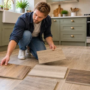 Young UK man comparing wood effect tiles for kitchen flooring.