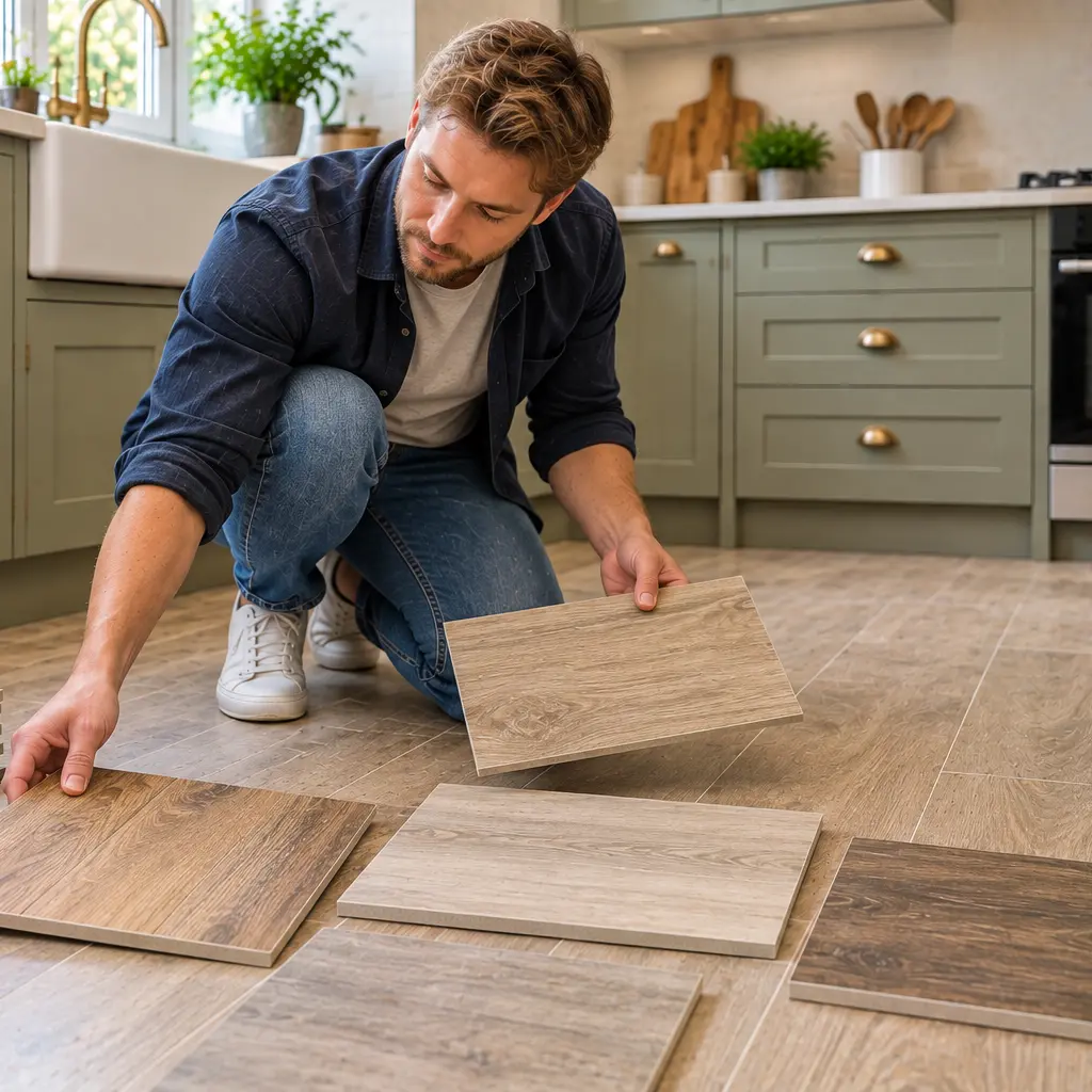 Young UK man comparing wood effect tiles for kitchen flooring.