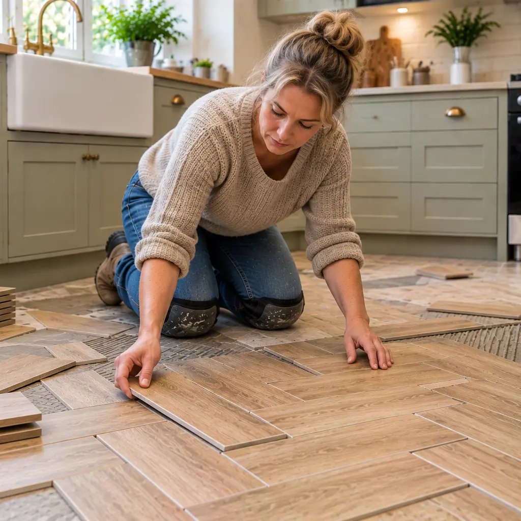 Middle-aged UK woman planning herringbone wood effect kitchen floor layout. 
