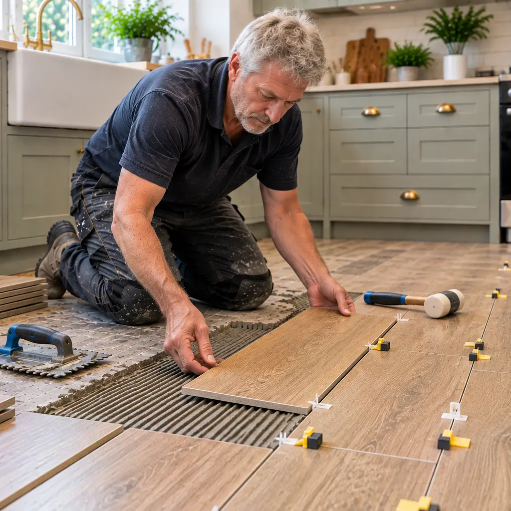 Older UK male tiler installing wood effect kitchen floor tiles. 
